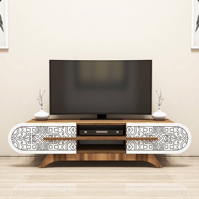 Hanah Home Mueble TV Defne - Nogal y Blanco - 145 cm Ancho x 37 cm Alto x 37 cm Profundidad - Melamina